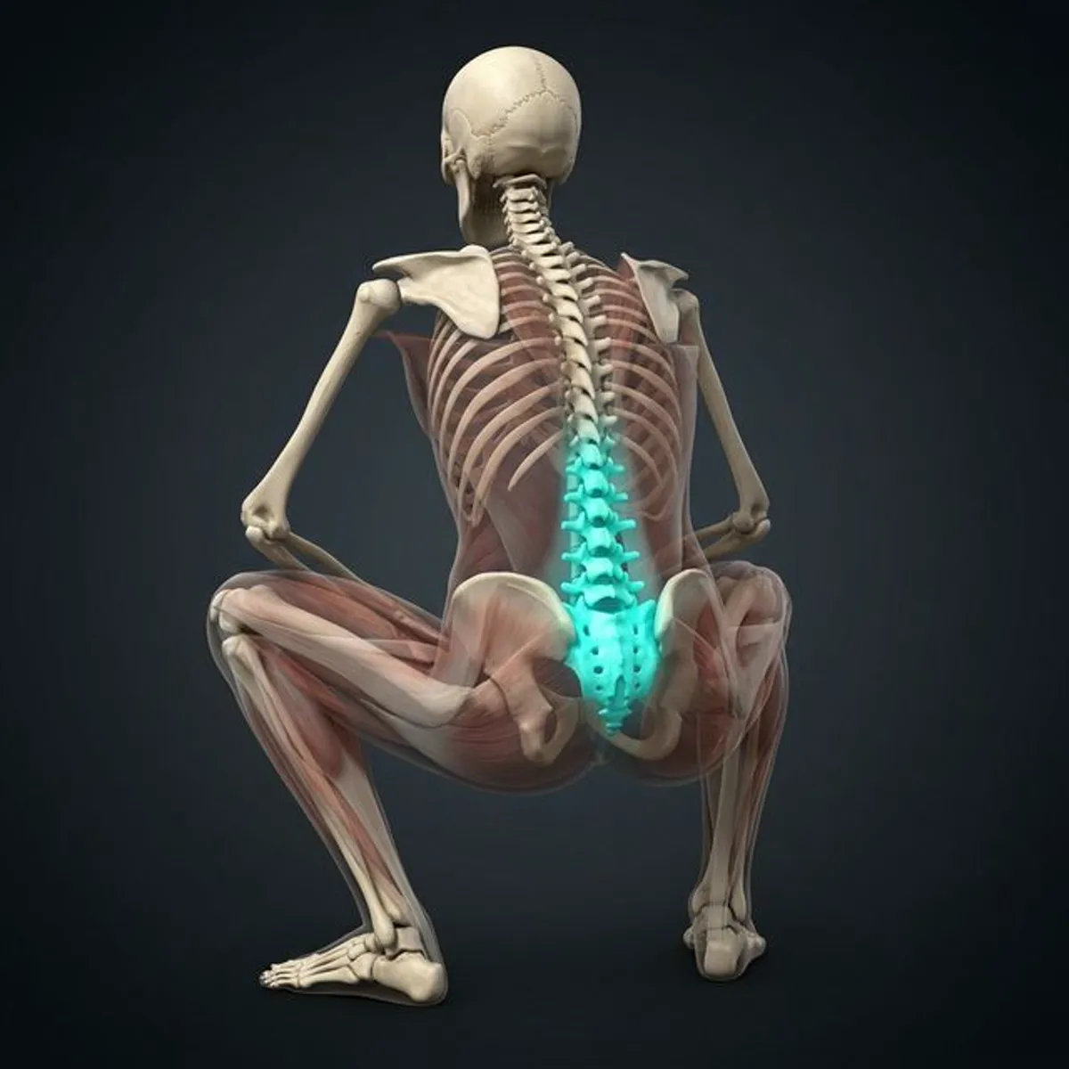 Sentadilla profunda con butt wink: la pelvis entra en retroversión y la columna lumbar se redondea en el punto más bajo del movimiento.