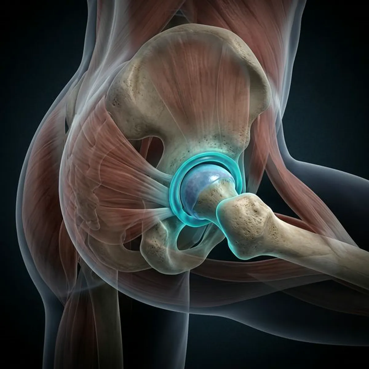 Detalle de la articulación coxofemoral en flexión profunda durante un deep squat test, mostrando cómo el fémur se acomoda dentro del acetábulo cuando la cadera tiene movilidad suficiente.