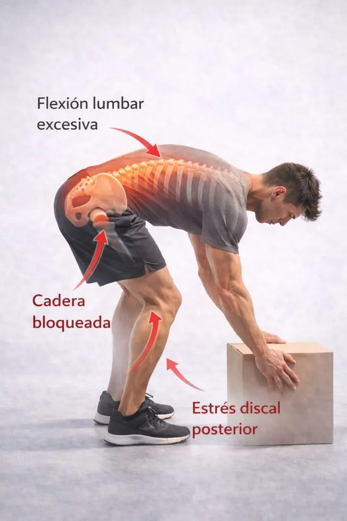 Persona agachándose con flexión lumbar excesiva y cadera bloqueada, mostrando el patrón de movimiento problemático que genera estrés discal posterior cuando la cadera no participa en el gesto.