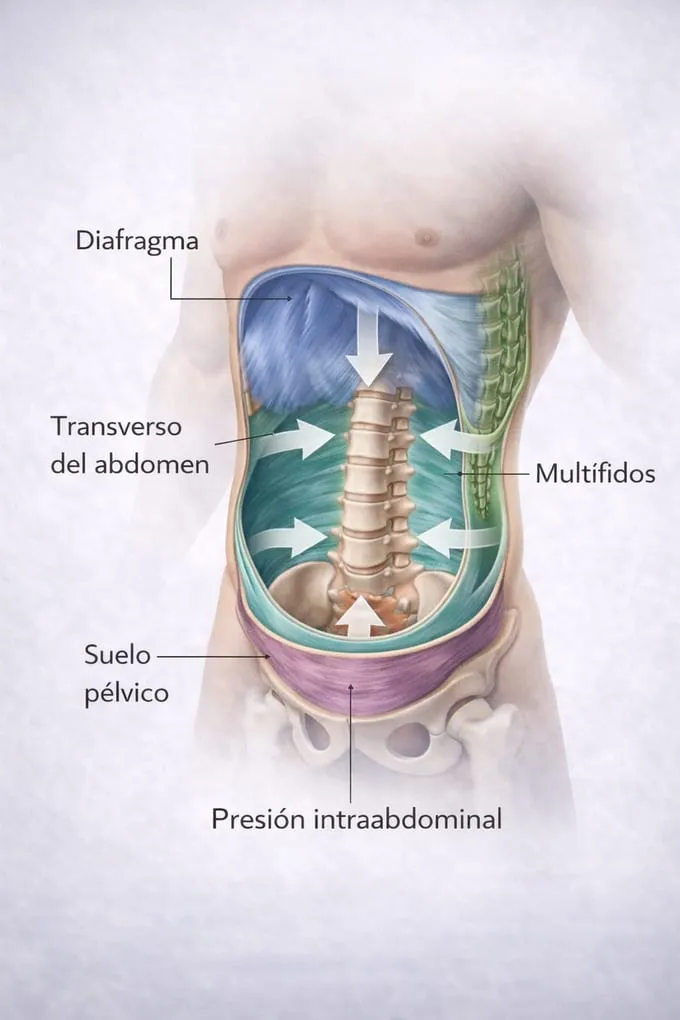Representación del sistema de estabilización lumbar como un cilindro de presión. Se muestra el diafragma arriba, el suelo pélvico abajo, el transverso del abdomen en la parte anterior y lateral, y los multífidos en la parte posterior, con flechas indicando las direcciones de presión intraabdominal.