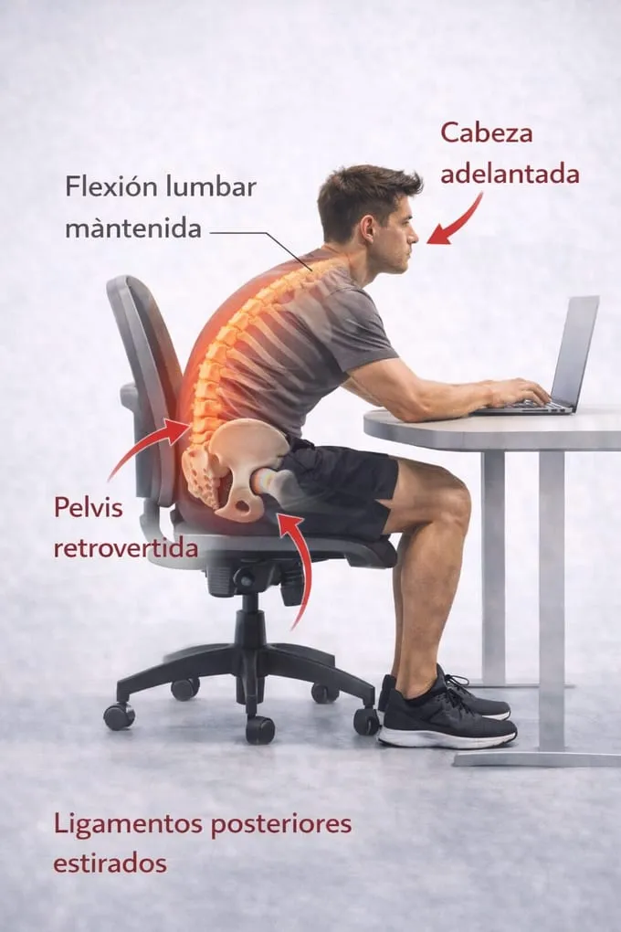 Postura sedente desplomada con flexión lumbar mantenida, pelvis retrovertida, hombros redondeados y cabeza adelantada, mostrando el patrón postural que sobrecarga los ligamentos posteriores y desactiva la musculatura estabilizadora.