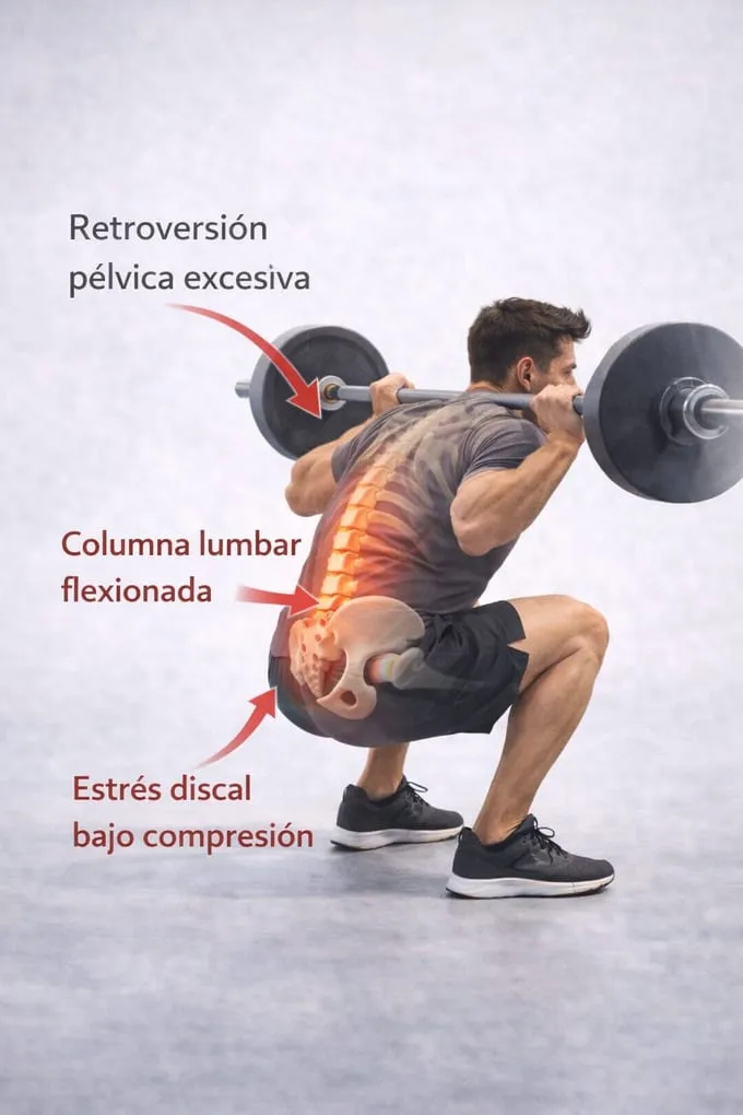Sentadilla profunda con butt wink excesivo: la pelvis entra en retroversión marcada y la columna lumbar se redondea en el punto más bajo, generando estrés discal bajo compresión.