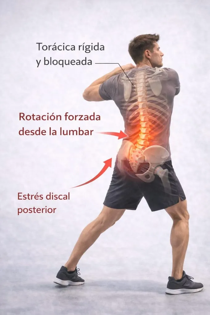 Rotación del tronco forzada desde la zona lumbar con la columna torácica rígida y bloqueada, generando estrés en las facetas articulares y el disco a nivel L4-L5.
