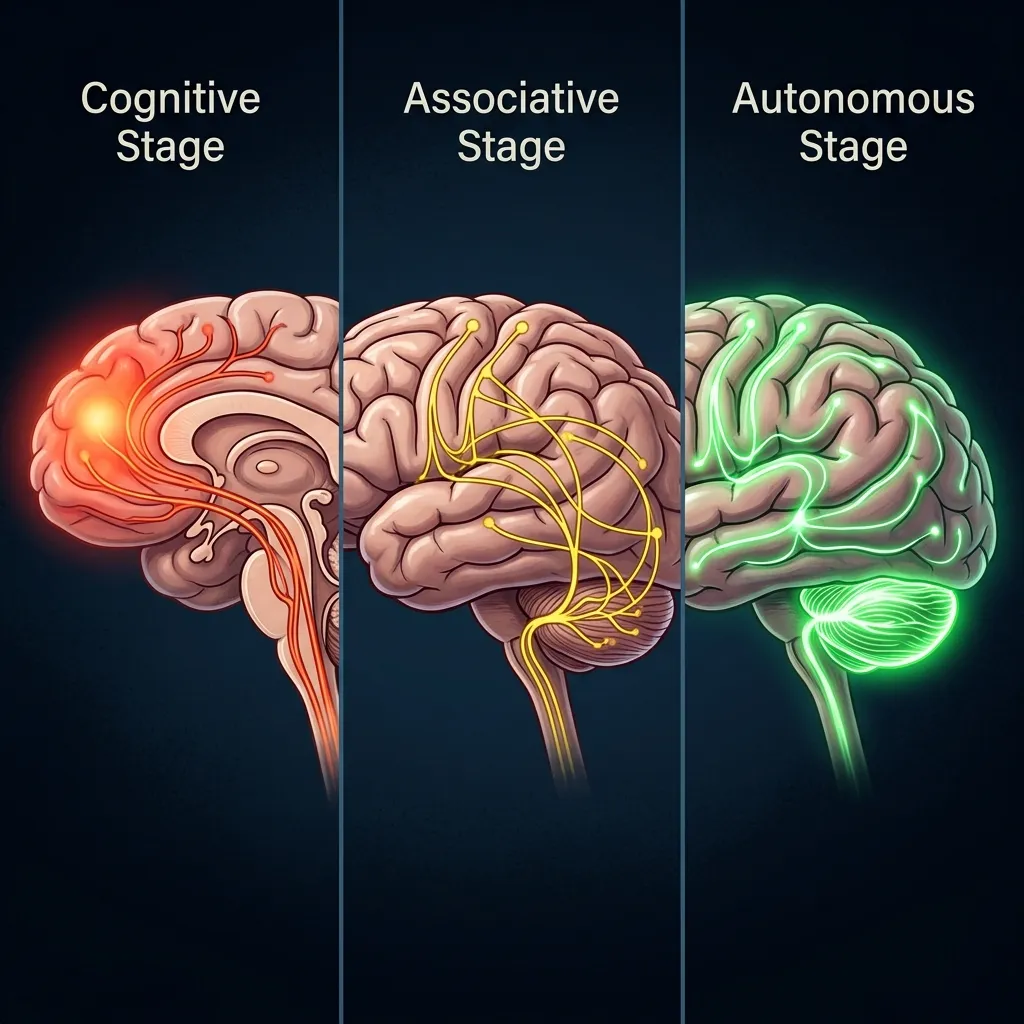Representación de las tres fases del aprendizaje motor: fase cognitiva con activación cortical intensa, fase asociativa con formación de conexiones entre corteza motora y cerebelo, y fase autónoma con vías neurales eficientes y automatizadas.