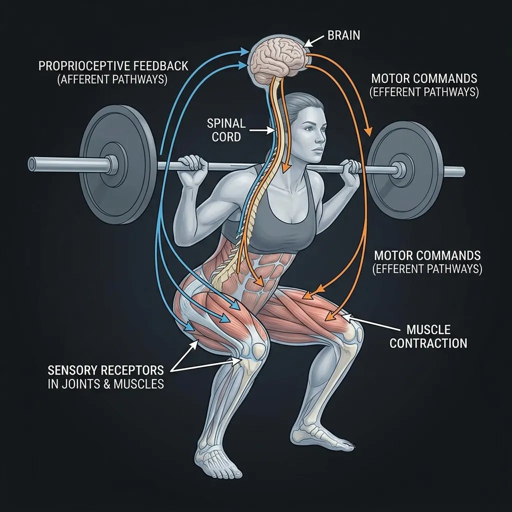 Esquema del bucle de feedback en el control motor: vías aferentes propioceptivas desde articulaciones y músculos hacia el sistema nervioso central, y vías eferentes motoras desde el cerebro hacia la musculatura, con la médula espinal como centro de relevo.