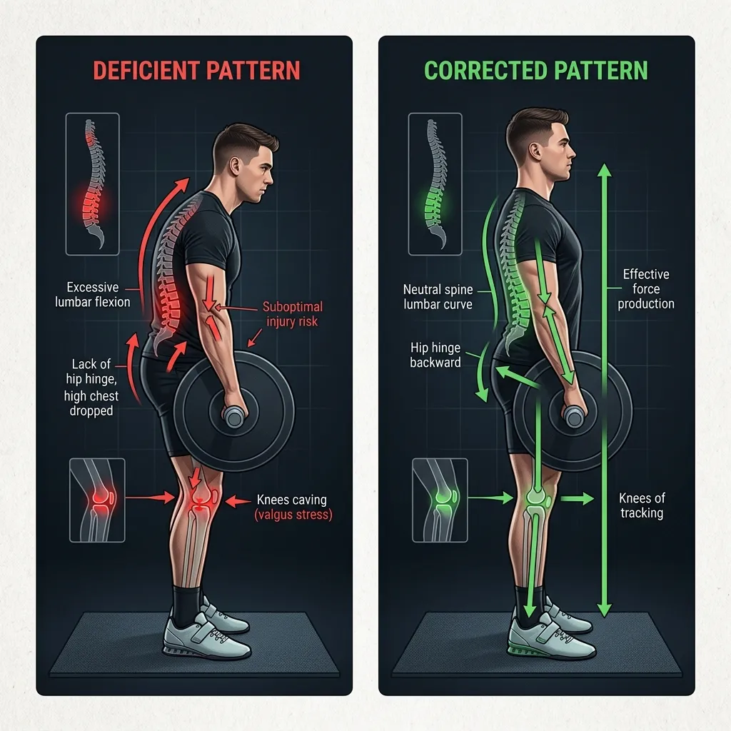 Comparación de un patrón motor deficiente y un patrón corregido en el peso muerto: a la izquierda, flexión lumbar excesiva y rodillas colapsadas; a la derecha, hip hinge limpio con columna neutra y rodillas alineadas.