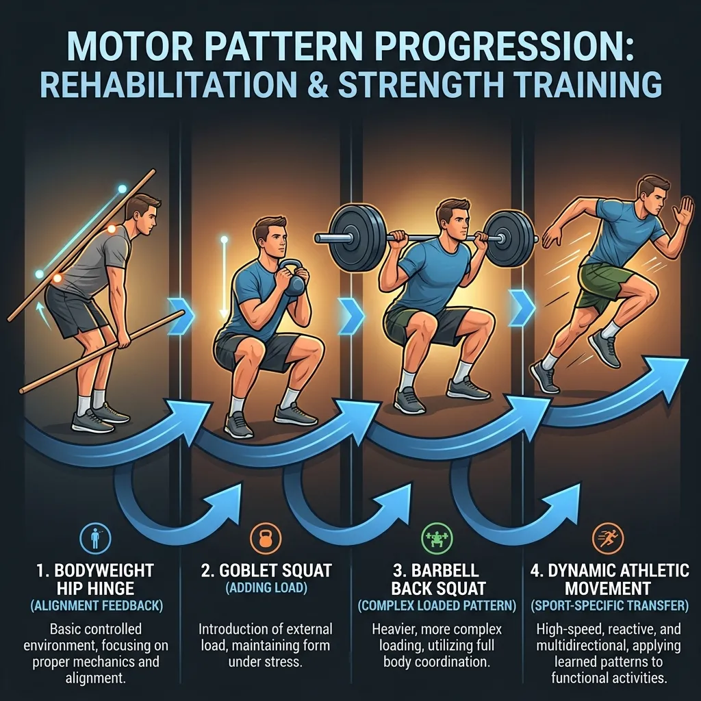 Progresión del aprendizaje motor aplicado al entrenamiento de fuerza: desde el gesto descargado con feedback externo, pasando por carga ligera, carga progresiva con barra, hasta el movimiento dinámico y deportivo completo.