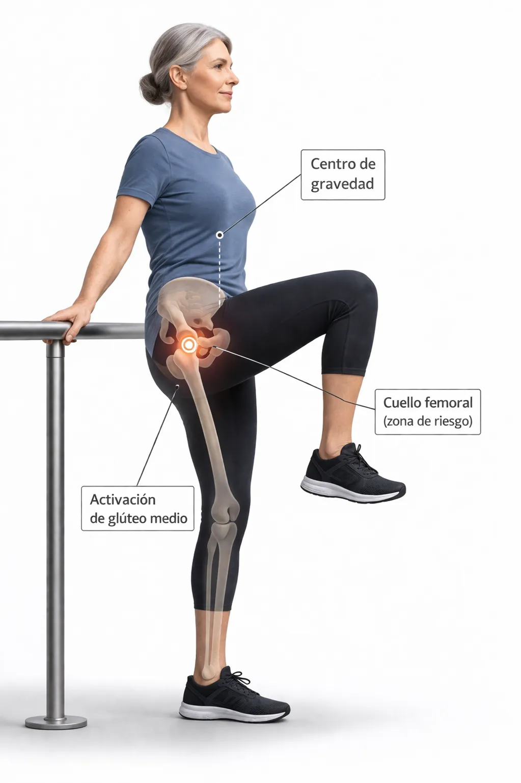 IMAGEN: Persona mayor realizando un ejercicio de equilibrio en apoyo monopodal con apoyo ligero, mostrando la importancia del trabajo propioceptivo en la prevención de caídas en osteoporosis.