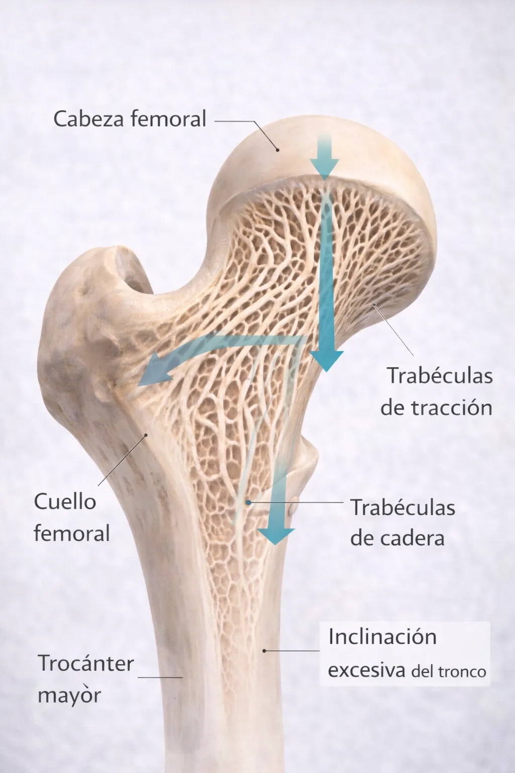 IMAGEN: Estructura trabecular del fémur proximal mostrando cómo las trabéculas se orientan según las líneas de estrés mecánico, con flechas indicando las direcciones de carga principales en bipedestación.