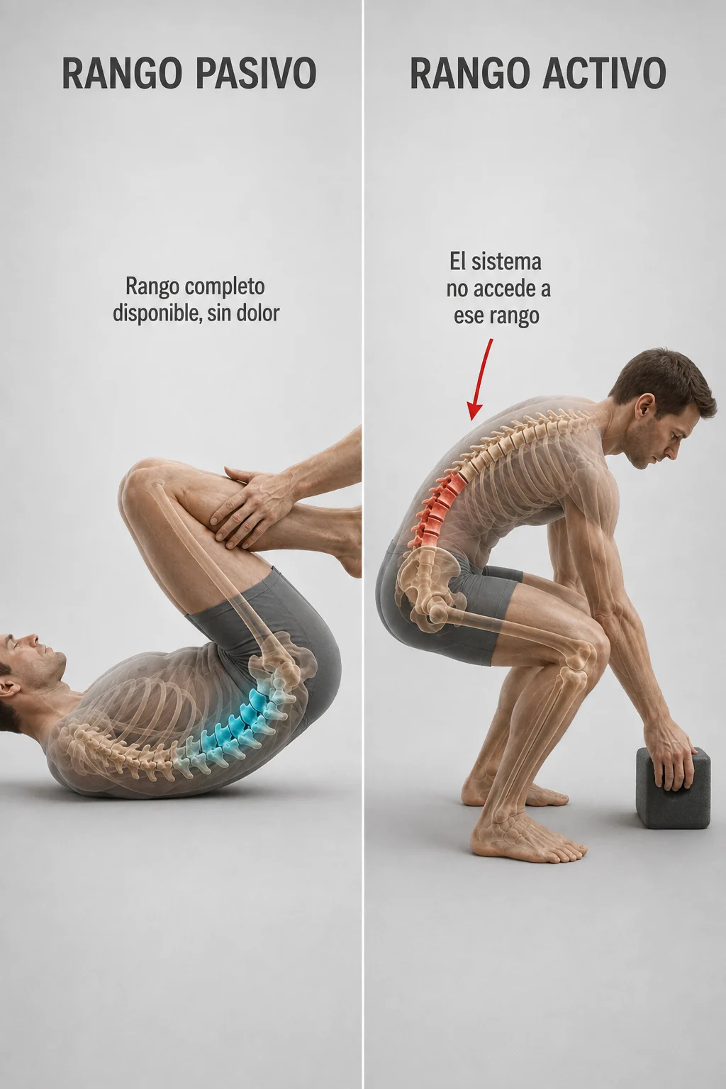 Diferencia entre rango pasivo disponible y rango activo accesible en flexión lumbar. A la izquierda, la valoración pasiva alcanza el rango completo sin dolor. A la derecha, el mismo sujeto en movimiento activo no accede a ese rango y mantiene el tronco rígido.