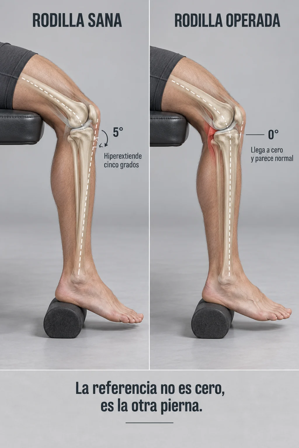 Comparación de la extensión de rodilla entre el lado sano y el operado. A la izquierda, la rodilla sana alcanza cinco grados de hiperextensión. A la derecha, la rodilla operada se detiene exactamente en cero, una cifra que parece normal pero que supone un déficit de cinco grados respecto al lado contrario.