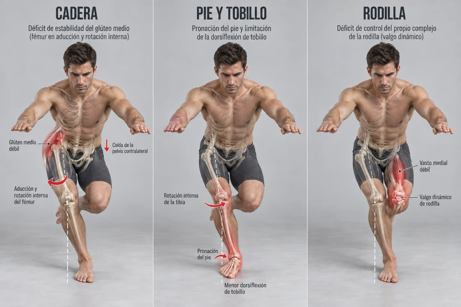Tres orígenes distintos del mismo valgo dinámico de rodilla en apoyo unipodal. En el primer panel el origen está en la cadera, con déficit del glúteo medio, aducción y rotación interna del fémur y caída de la pelvis contralateral. En el segundo está en el pie y el tobillo, con pronación del pie, rotación interna de la tibia y menor flexión dorsal. En el tercero está en la propia rodilla, con déficit de control del vasto medial.