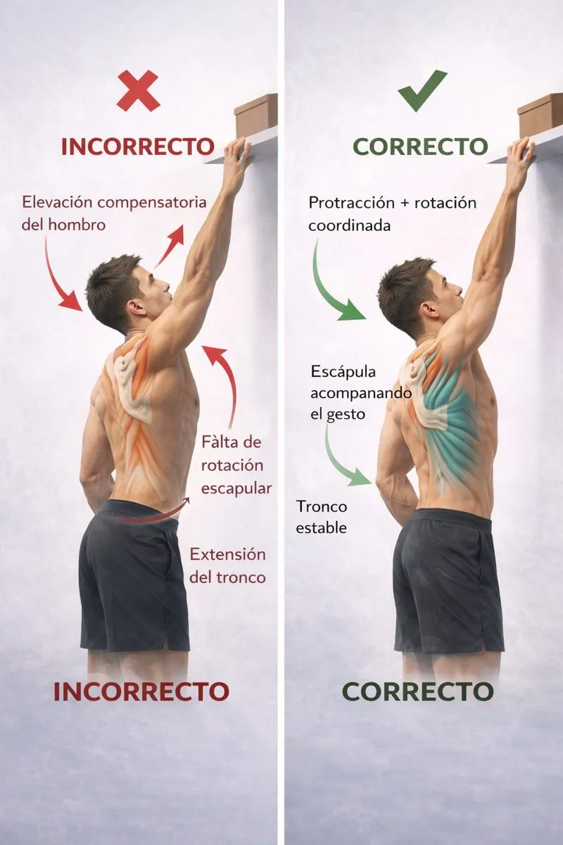 Comparación del gesto de alcance funcional correcto e incorrecto. A la izquierda, elevación compensatoria del hombro y falta de rotación escapular. A la derecha, protracción y rotación coordinada con escápula acompañando el gesto.