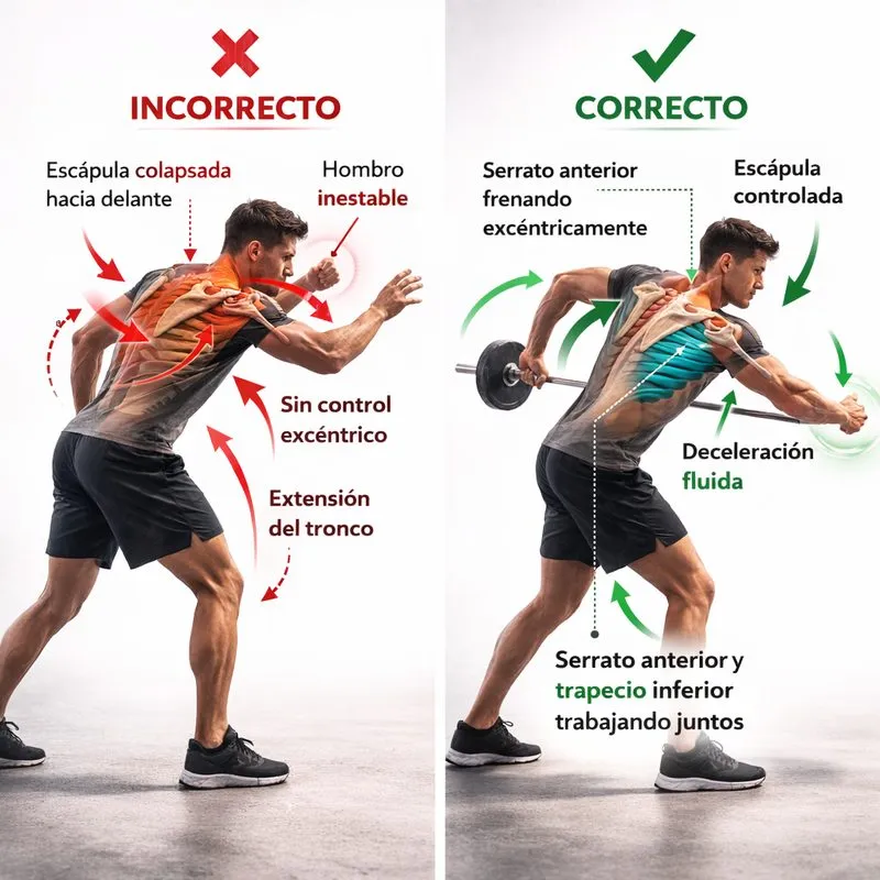 Comparación de la mecánica de deceleración del hombro correcta e incorrecta. A la izquierda, escápula colapsada sin control excéntrico. A la derecha, serrato anterior frenando excéntricamente con deceleración fluida.