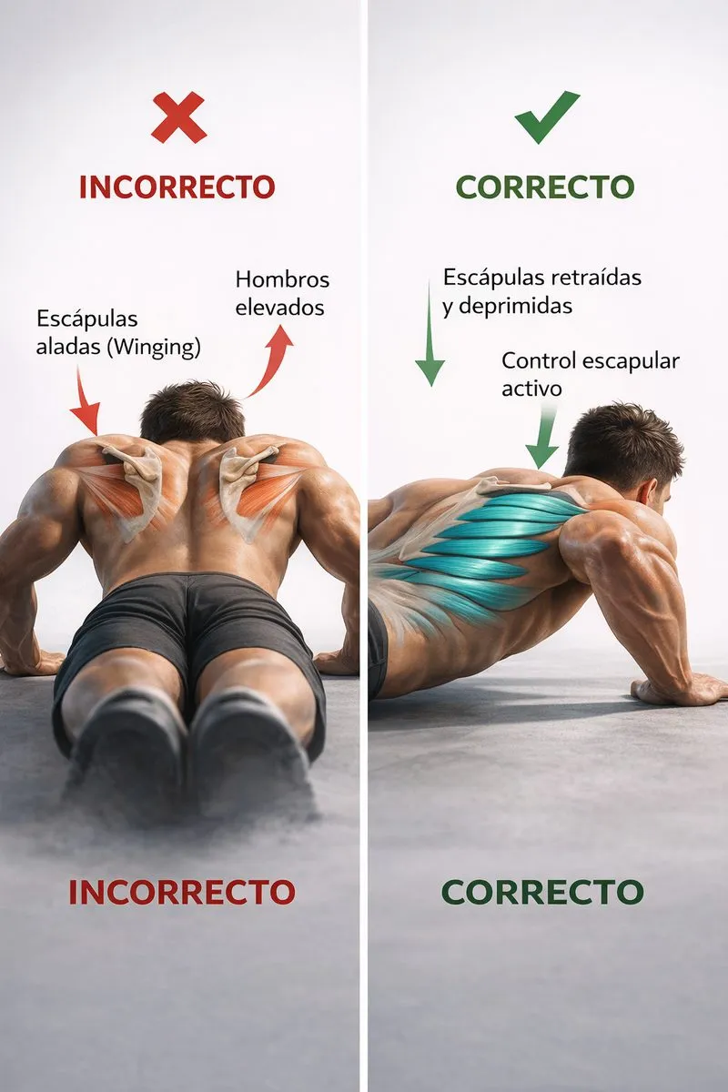 Comparación de la posición escapular correcta e incorrecta durante un push-up. A la izquierda, escápula alada y hombros elevados. A la derecha, escápula estabilizada contra el tórax con buena activación del serrato anterior.