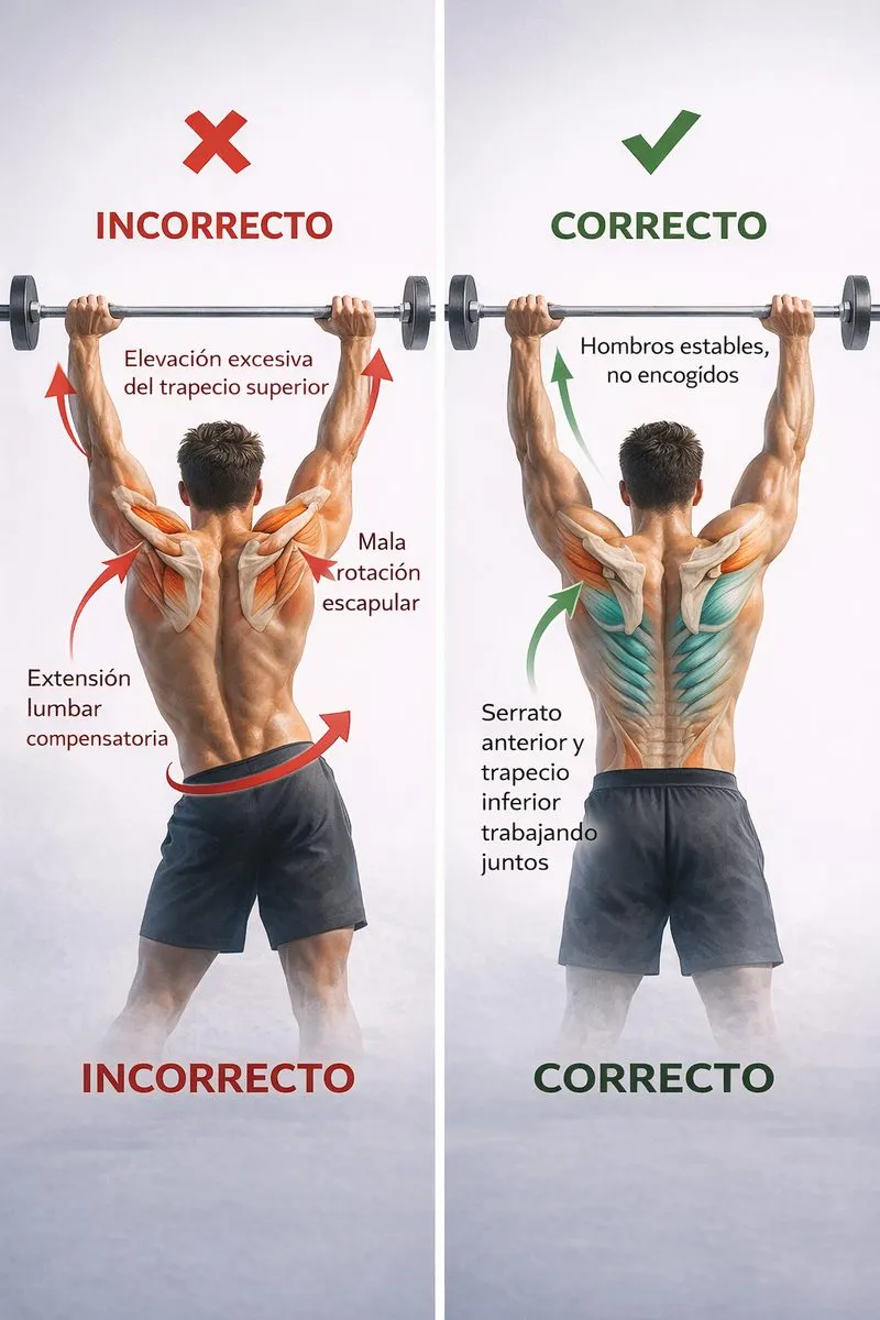 Comparación de la mecánica escapular correcta e incorrecta durante un press por encima de la cabeza. A la izquierda, compensación con hombros encogidos y extensión lumbar. A la derecha, rotación escapular limpia con el serrato y trapecio inferior trabajando coordinadamente.