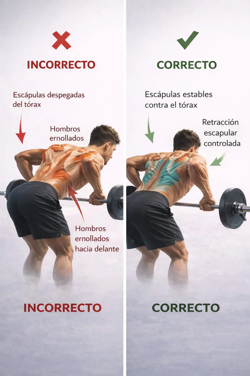 Comparación de la mecánica escapular correcta e incorrecta durante un remo con barra. A la izquierda, escápulas despegadas del tórax y hombros enrollados. A la derecha, escápulas estables con retracción escapular controlada.